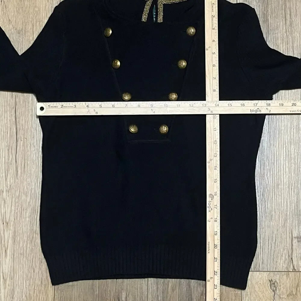 VTG LRL Lauren Jeans Womens L P Military Goldcrest Button Sweater Black Nautical - Picture 7 of 7